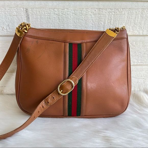 Gucci Handbags - GUCCI Vintage Leather British Tan Chain SUPREME GG Shoulder Bag Hobo
